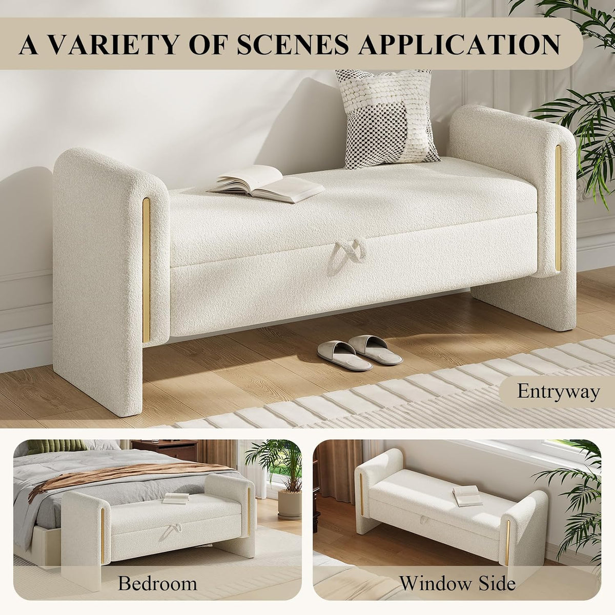 Storage Ottoman Bench, End of Bed Bench with Pull-Ring | 52" Teddy Upholstered, Window Bench with Armrest, Generous Storage, Safety Hinge, Holds 300 LBS, for Bedroom, Cream