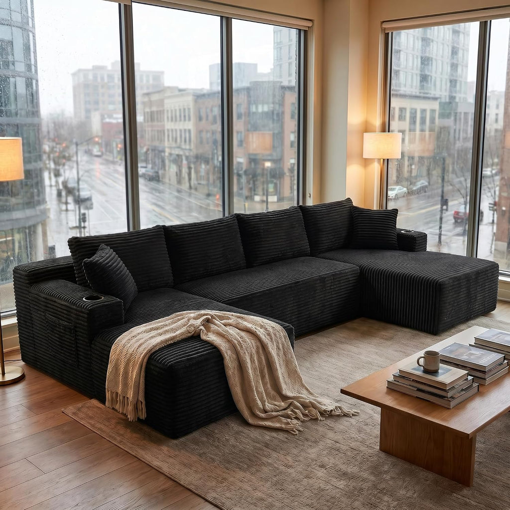 125" U-Shaped Modular Sectional Sofa, Corduroy Couch, Black