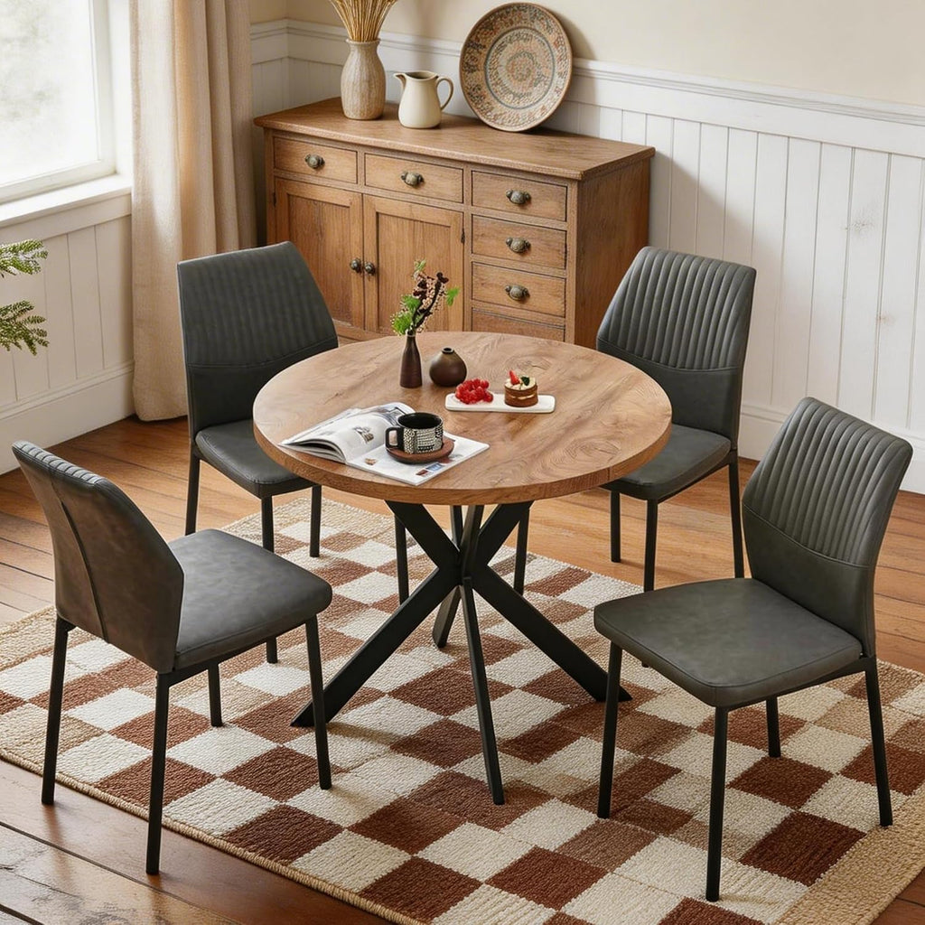 37 Inch Round Dining Table Set for 4, Modern Small Circle Kitchen Coffee Set for Apartment Living Room Office, Save Space(1 Wooden Table+2 Grey PU Leather Chairs)