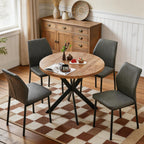 37 Inch Round Dining Table Set for 4, Modern Small Circle Kitchen Coffee Set for Apartment Living Room Office, Save Space(1 Wooden Table+2 Grey PU Leather Chairs)