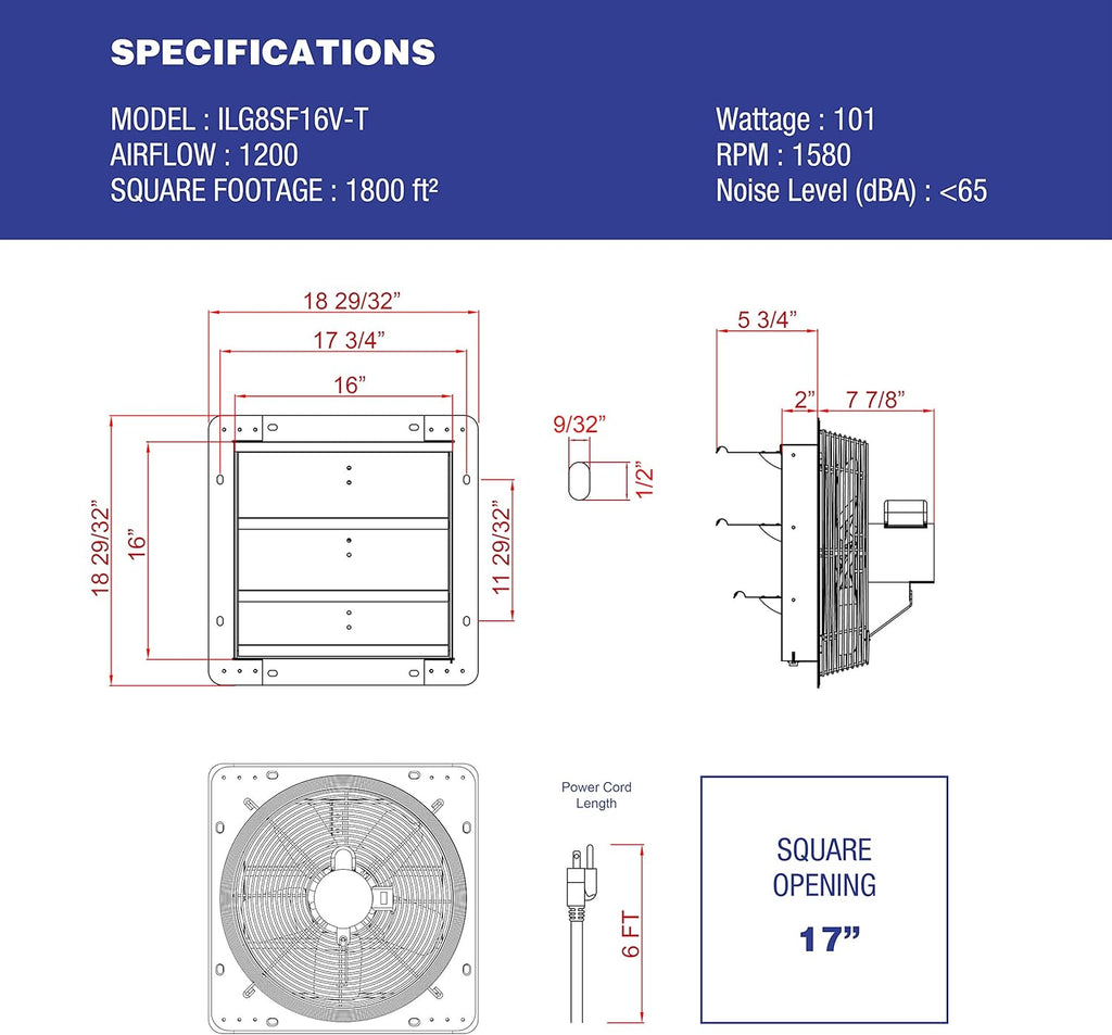 Iliving ILG8SF16V-T Wall-Mount Shutter Exhaust Fan, 16" - Variable Speed, Silver
