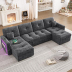 107'' LED U-Shaped Sectional Couch for Living Room, Sleeper Sofa Bed, Grey | Comfy Chenille Cloud Couch, Pull Out Bed, Storage Chaise, 5-level Adjustable Backrest, USB Charging, 2 Pillow,1100LB Capacity