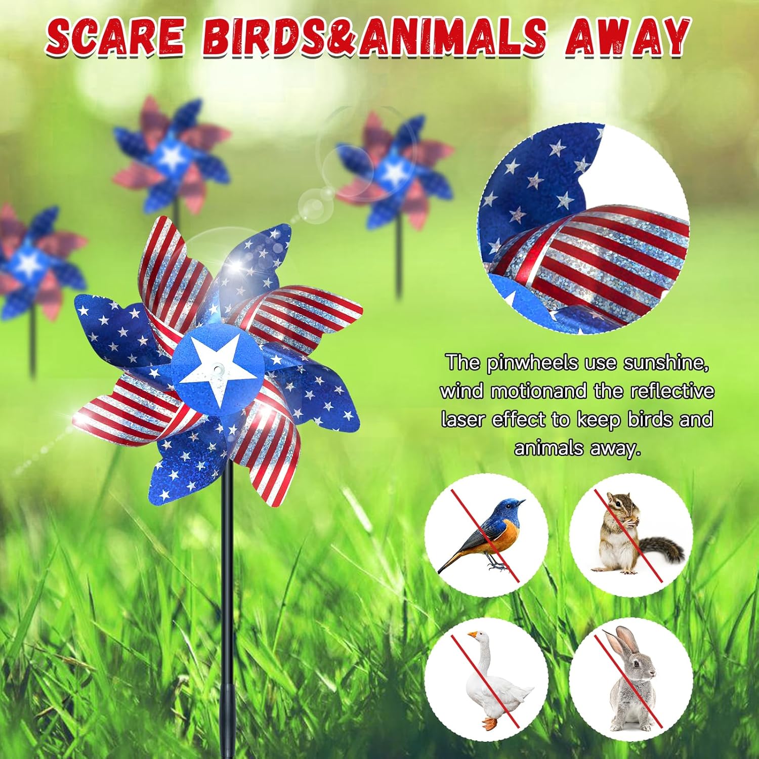 10 PCS Reflective Pinwheels for Yard and Garden Bird Devices Pre-Installed Sparkly Wind Spinner Deterrent to Scare Birds Away from Yard Patio Farm (Red&White&Blue)