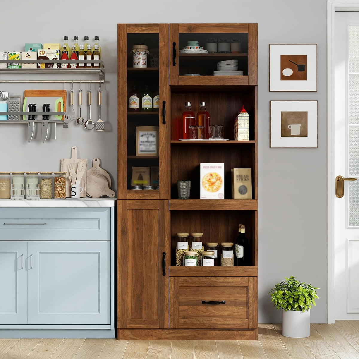 70.87" Tall Kitchen Pantry Storage Cabinet with Pull-out Trays, Farmhouse Hutch Cupboard with 3 Doors, Open Shelves and Drawer, Coffee Bar Cabinet with Microwave Stand for Dining Room, Coffee Bar