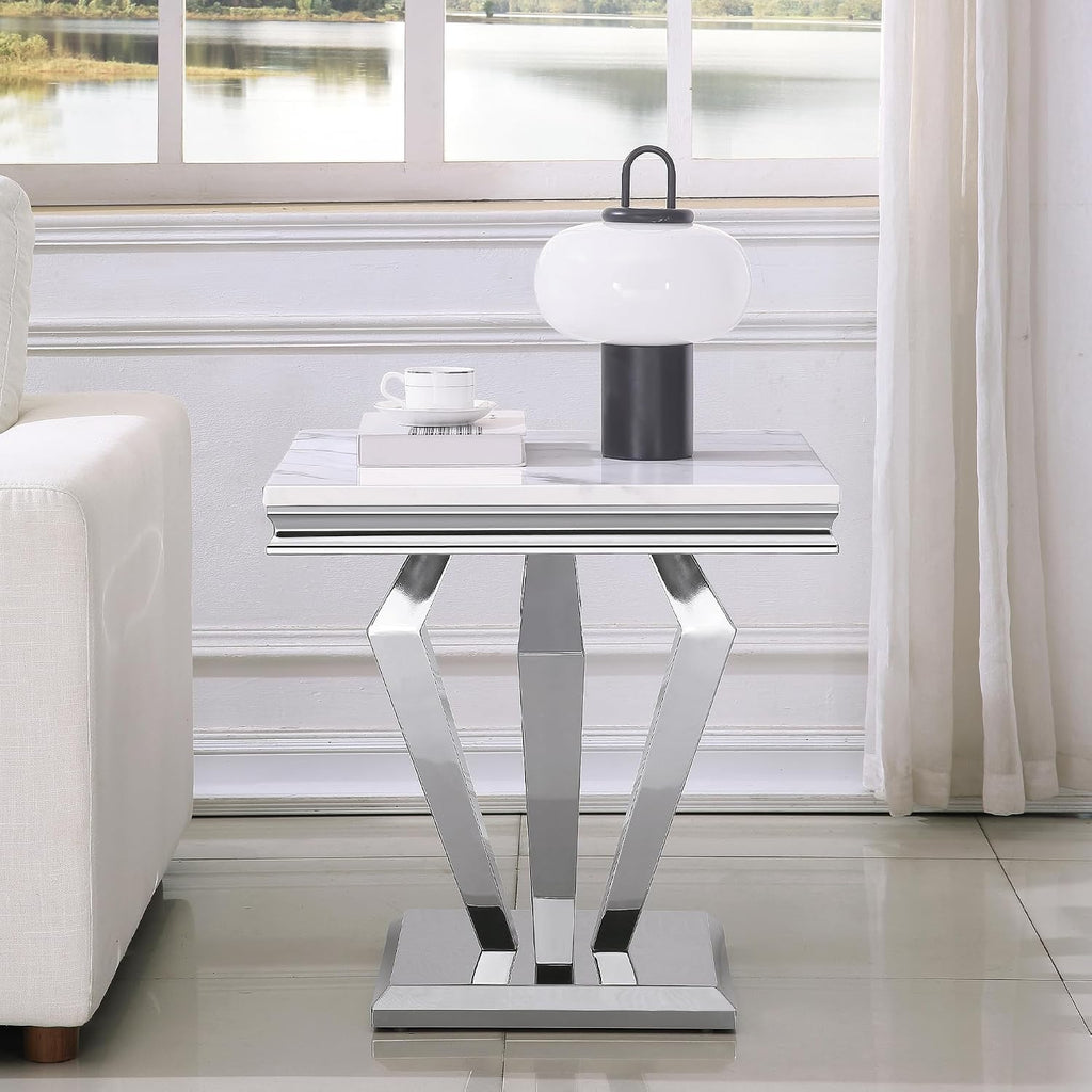 Faux Marble End Table, 23" Square White End Table with Faux Faux Marble Tabletop, Modern Sofa Side Table with Silver Stainless Steel Base & Mirrored Finish for Office Living Room