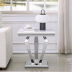 Faux Marble End Table, 23" Square White End Table with Faux Faux Marble Tabletop, Modern Sofa Side Table with Silver Stainless Steel Base & Mirrored Finish for Office Living Room