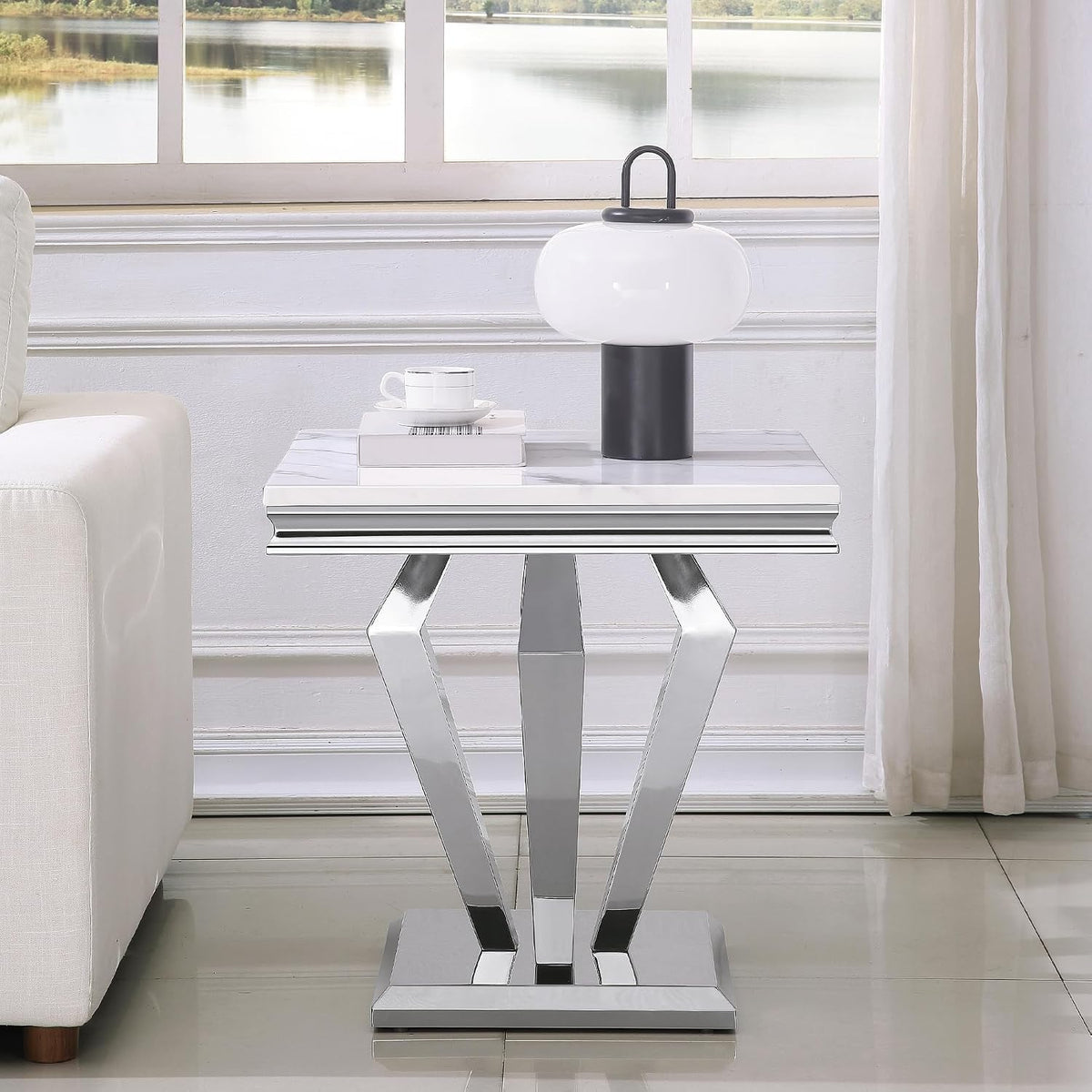 Faux Marble End Table, 23" Square White End Table with Faux Faux Marble Tabletop, Modern Sofa Side Table with Silver Stainless Steel Base & Mirrored Finish for Office Living Room