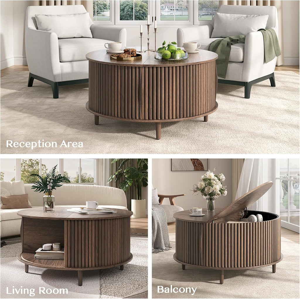 JOINICE,Round Coffee Table with Storage, 31.5" Fluted Center Table for Living Room, Modern Walnut Wood Circle Drum Table with Sliding Cabinet Door, Mid Century Furniture for Small Space