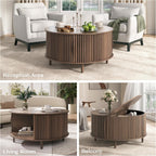 JOINICE,Round Coffee Table with Storage, 31.5" Fluted Center Table for Living Room, Modern Walnut Wood Circle Drum Table with Sliding Cabinet Door, Mid Century Furniture for Small Space