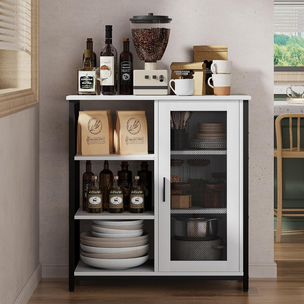 LVSOMT Coffee Bar Cabinet with Adjustable Shelves and Door, Rustic White | 27.5'' Small Coffee Station with Table, Mini Sideboard Buffet, Iron Wood Frame, 3-Tier, for Tea, Dishes, Snacks, Home Kitchen