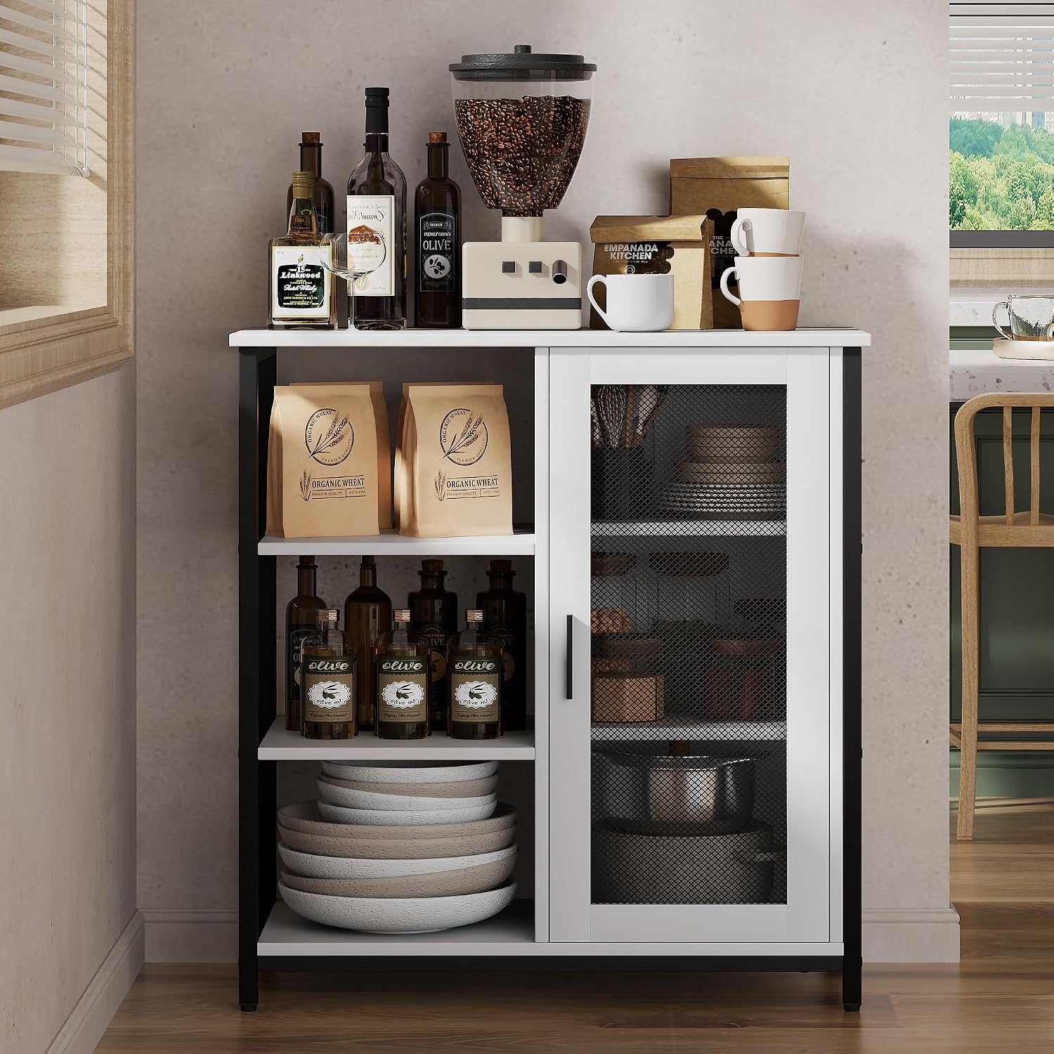 LVSOMT Coffee Bar Cabinet with Adjustable Shelves and Door, Rustic White | 27.5'' Small Coffee Station with Table, Mini Sideboard Buffet, Iron Wood Frame, 3-Tier, for Tea, Dishes, Snacks, Home Kitchen