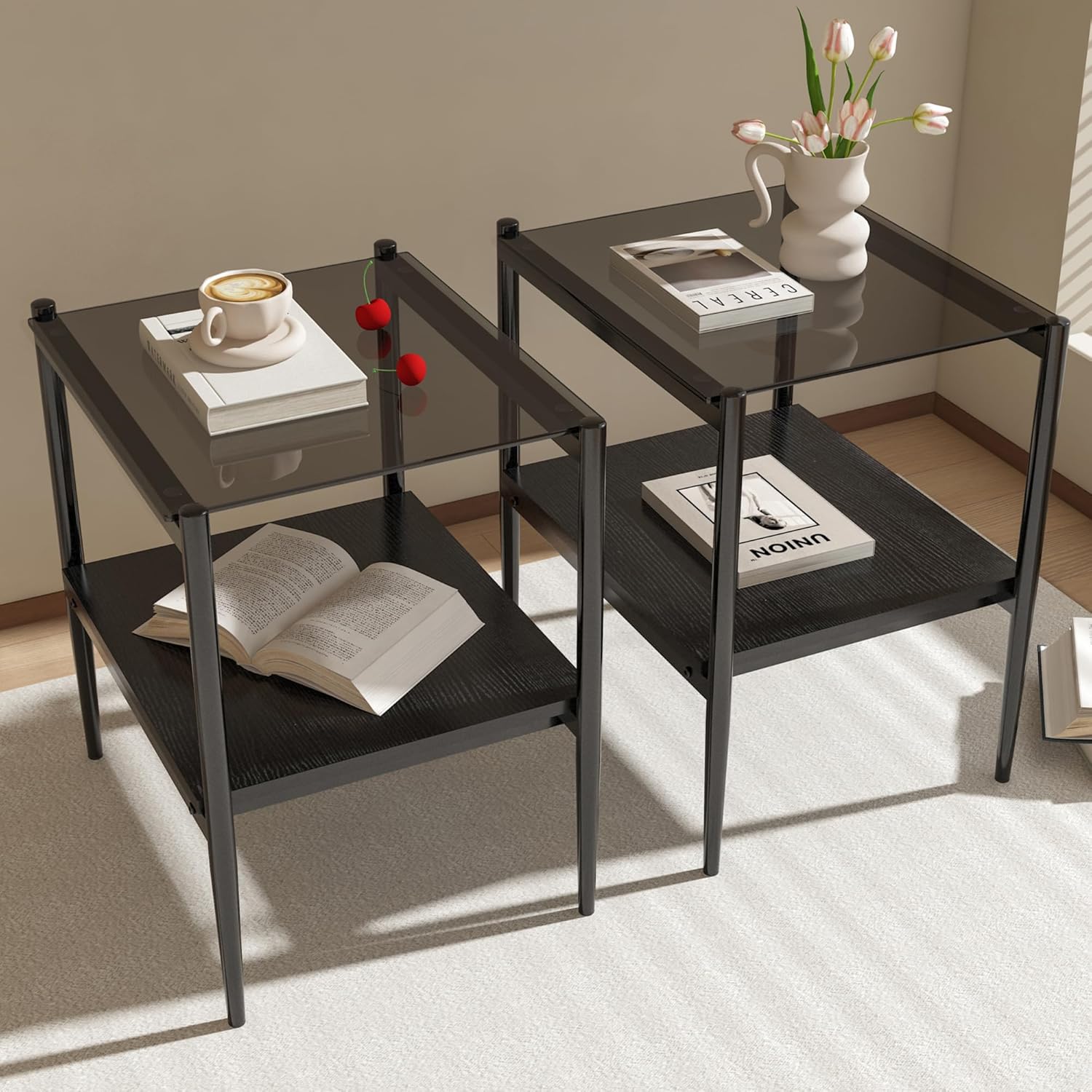 Glass end Table Set of 2,Living Room Glass Side Table,Glass Bedside Table,Suitable for Living Room, Bedroom