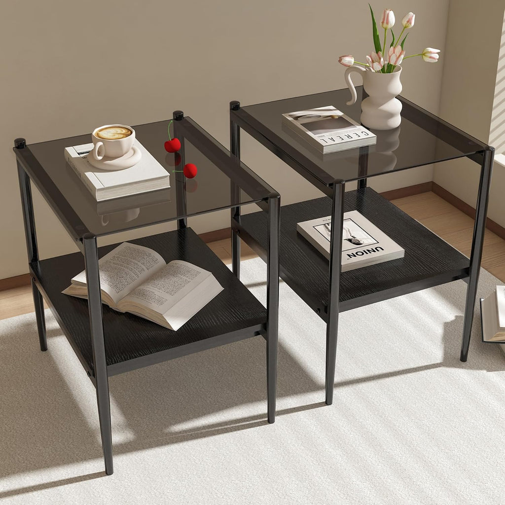 Set of 2 Rectangle Modern Glass End Table,Tempered Glass Top, Sofa Side Table with MDF Storage Shelf and Metal Legs,Modern Table for Living Room and Bedroom,Grey Glass/Black