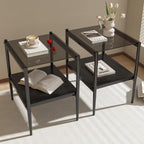 Set of 2 Rectangle Modern Glass End Table,Tempered Glass Top, Sofa Side Table with MDF Storage Shelf and Metal Legs,Modern Table for Living Room and Bedroom,Grey Glass/Black
