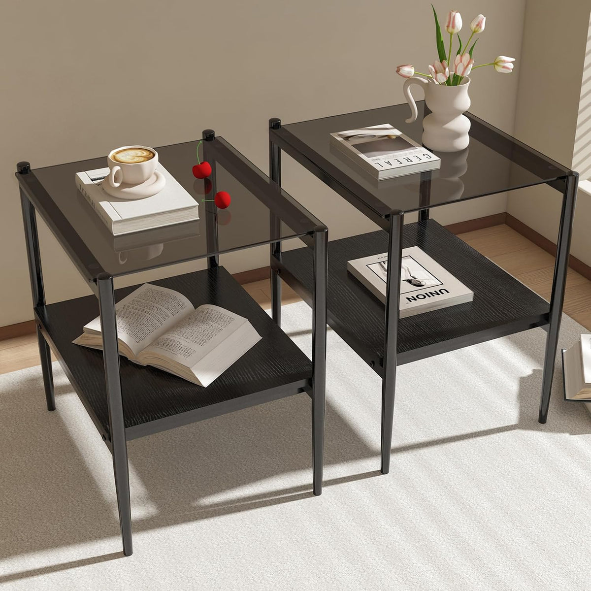 Set of 2 Rectangle Modern Glass End Table,Tempered Glass Top, Sofa Side Table with MDF Storage Shelf and Metal Legs,Modern Table for Living Room and Bedroom,Grey Glass/Black
