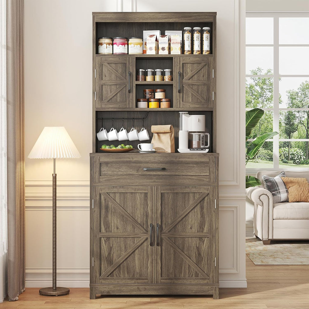 kepptory 69" Farmhouse Pantry Cabinet with Large Drawer, Tall Kitchen Pantry Storage Cabinet with Microwave Stand, Cup Holder and Adjustable Shelf, Kitchen Hutch for Dining Room (Grey)