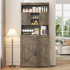 kepptory 69" Farmhouse Pantry Cabinet with Large Drawer, Tall Kitchen Pantry Storage Cabinet with Microwave Stand, Cup Holder and Adjustable Shelf, Kitchen Hutch for Dining Room (Grey)