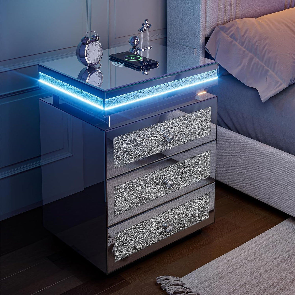 IKIFLY Mirrored Nightstand with Wireless Charging Station, Modern LED Side Table with 3 Drawers, Silver Accent End Table with Crushed Diamonds for Living Room, Bedroom and Office