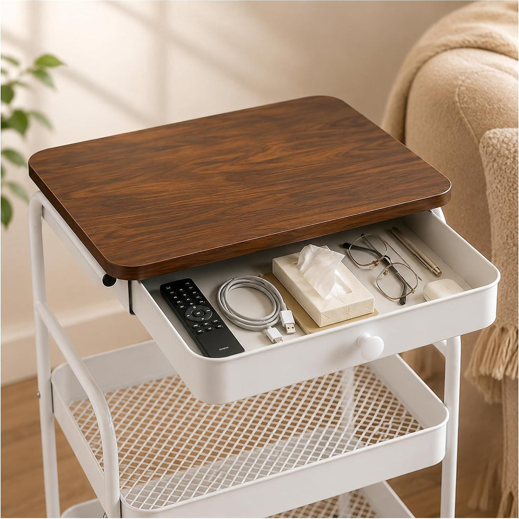 3 Tier Rolling Cart with Hidden Drawer and Wood Top, Small Space Storage Cart with Wheels, Coffee Station Organizer and Side Table Cart for Living Room, Bedroom, Kitchen, White