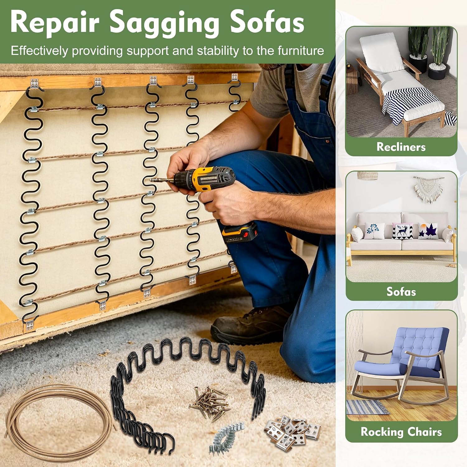 25" Couch Spring Repair Kit, 4Pack Upholstery Spring Seat Repair | for Fixing Sagging Sofa Recliner, 236” Stay Wire/ 4P Springs/ 10P Clips/ 20P Stay Wire Clips/ 40P Nails