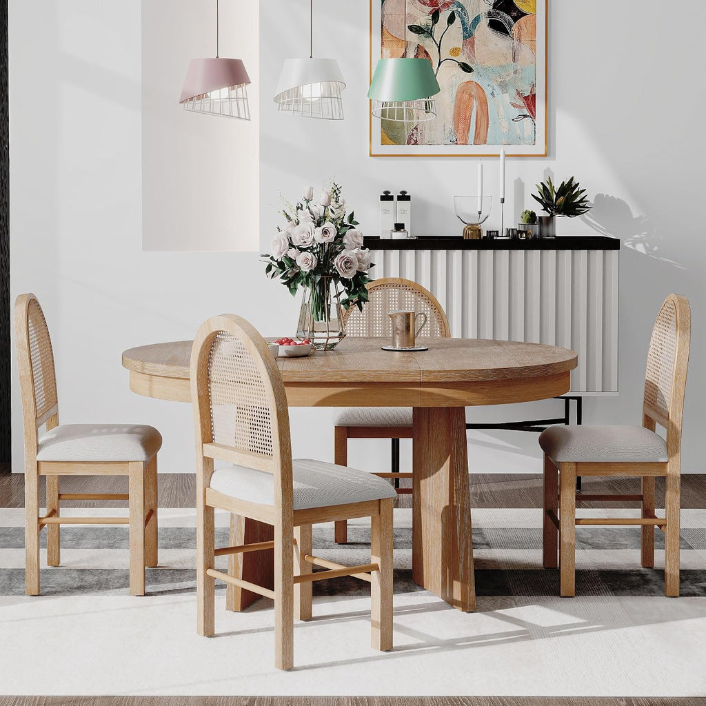 LUMISOL 5-Piece Round Dining Table Set for 4, Extendable Kitchen Table Set with 4 Upholstered Chairs, Kitchen Table and Chairs Set for Dining Room, Kitchen, Natural Wood Wash