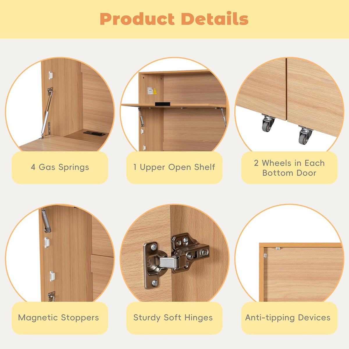 69" Compact Kitchen Pantry with Power Outlet, Freestanding Wooden Kitchen Organizers Storage Cabinet with Hutch and Foldable Workstation, Pantry Buffet with Adjustable Shelf for Dining Room, Natural
