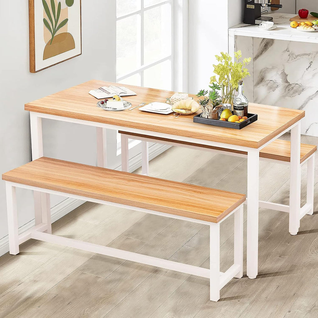 DKLGG Dining Table Set for 4, Wooden Kitchen Table with 2 Dining Bench | 47.2” Farmhouse Dining Room Table Set, Space Saving Table and Chairs Set for Small Space, Kitchen,Dining Room,Apartment
