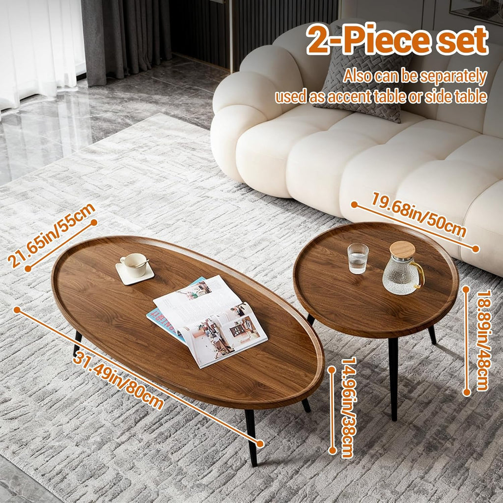 Nesting Coffee Table Set of 2-Mid Century Modern Guitar Pick Stacking Tables with Solid Wood Legs-Waterproof Circle Center Table for Living Room Bedroom Balcony