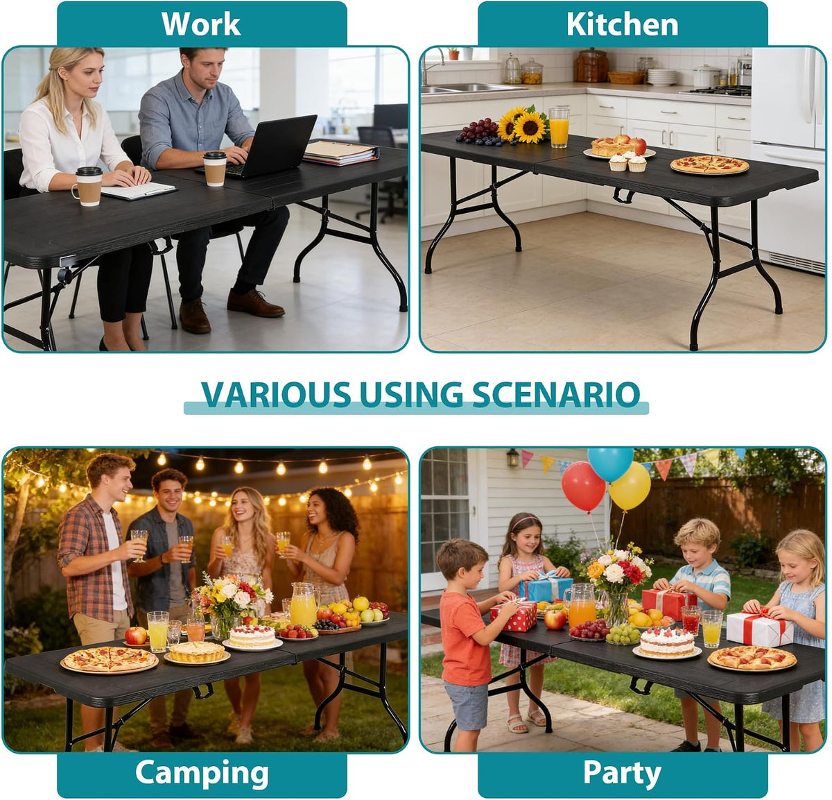 Portable Folding Table, Heavy Duty Plastic Event Picnic Table Indoor Outdoor Camping, 4FT with Handle Lock for Banquet, Black