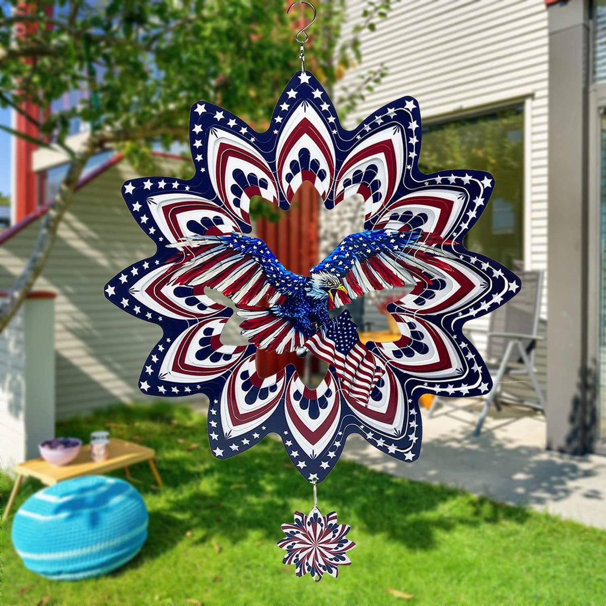 Eagle Wind Spinners for Yard and Garden,Wind Spinner Hanging,3D Metal Wind Catchers,12in American Flag Kinetic Spinner,Fourth of July Independence Day Party Decorations for Indoor Outdoor(Round)