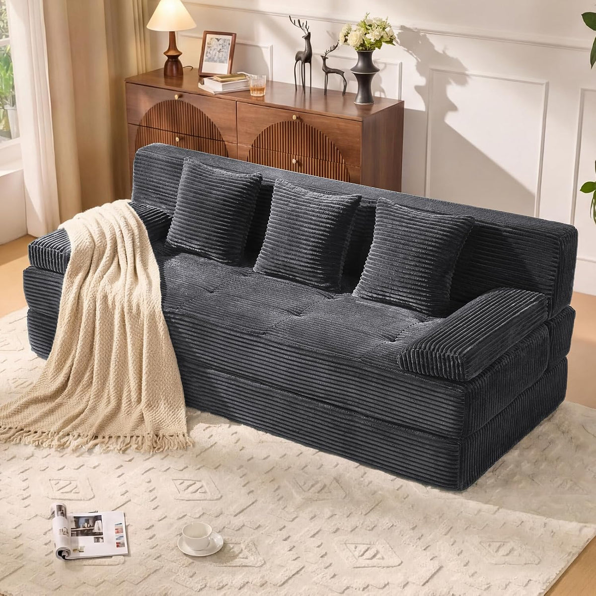 78.7IN Convertible Folding Sofa Bed, 3 Seater Sleeper Sofa Couch | No Assembly Required, Corduroy, Freestanding, Couches Bed with Zippered Pillows for Living Room, Bedroom, Apartment, Gray