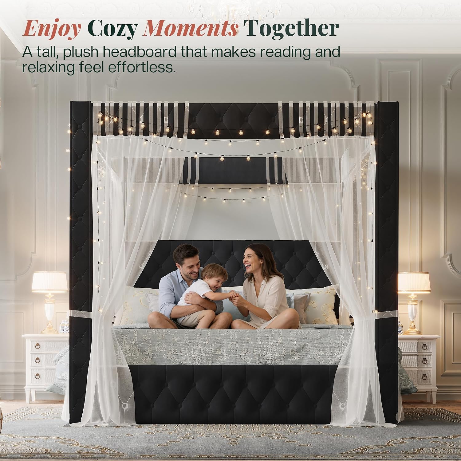 Jocisland King Canopy Bed Frame Velvet Upholstered Headboard, Black
