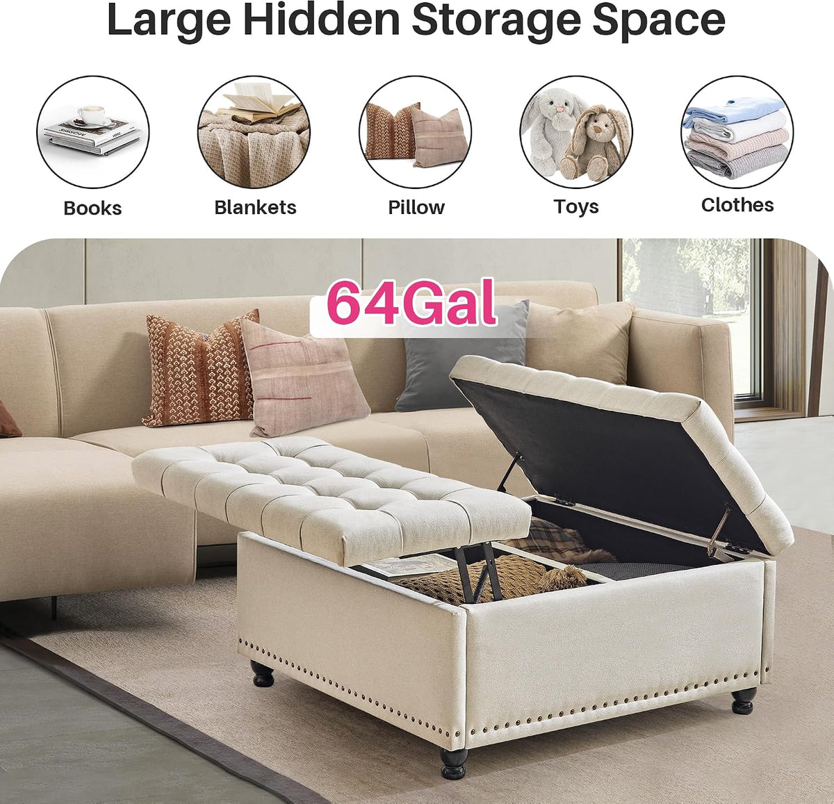 Redlife 35 Inch Large Square Storage Ottoman, Coffee Table Ottoman, Linen | Lift Top Ottomans Bench Square Footrest Oversized Upholstered Coffee Table for Living Room Bedroom (Beige)