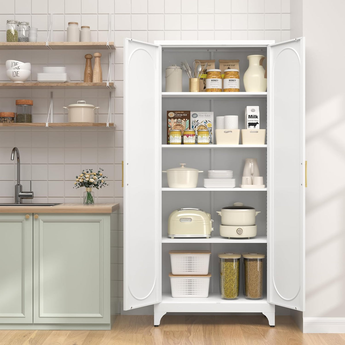 UNICOLY 75" Tall Pantry Storage Cabinet with Doors and 4 Adjustable Shelves, Freestanding Cupboard for Kitchen, Dining Room, Living Room, Bathroom, White