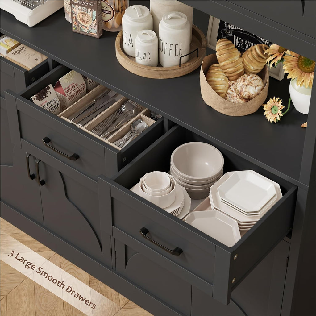 HITHOS 76" Tall Kitchen Pantry Storage Cabinet, 55“ Wide Kitchen Hutch Cabinet with Storage Drawers, Large Food Pantry with Microwave Stand, Modern Cupboard with Hutch for Dining Living Room, Black