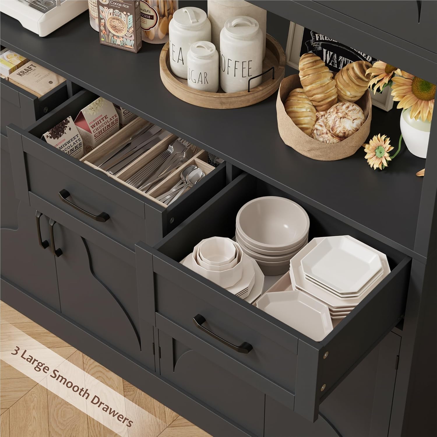 HITHOS 76" Tall Kitchen Pantry Storage Cabinet, 55“ Wide Kitchen Hutch Cabinet with Storage Drawers, Large Food Pantry with Microwave Stand, Modern Cupboard with Hutch for Dining Living Room, Black