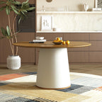 59” Modern Round Dining Table, Featuring a Decorative parquet Wood Veneer Tabletop paired with a Sturdy Cylindrical Base Structure, Suitable for Kitchen, Family Dining Room.