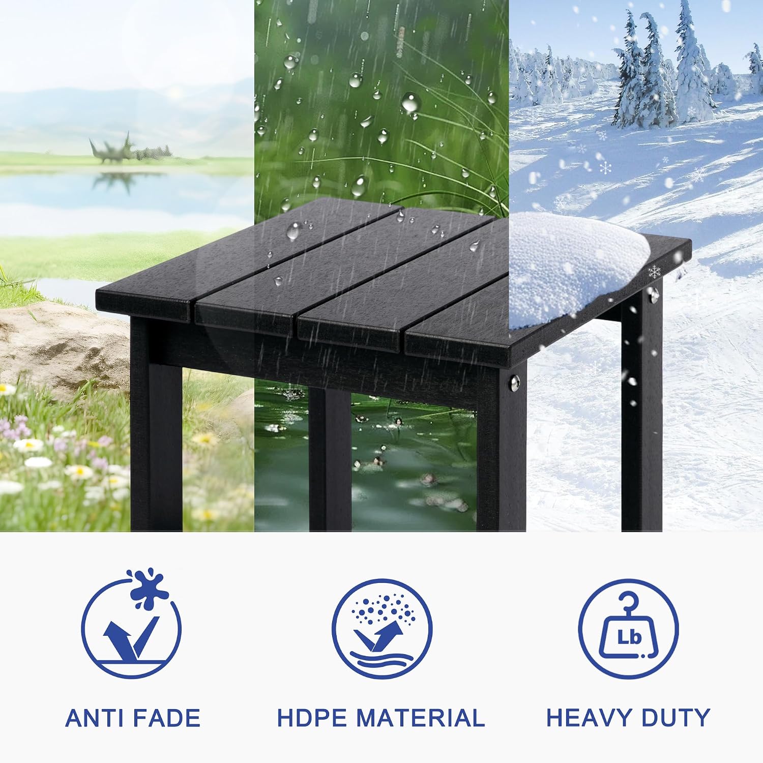 LZRS Patio Side Table, Heavy Duty HDPE Outdoor End Table with Wood Texture, Weatherproof Composite Table for Adirondack Chairs, Deck, Pool, Indoor/Outdoor, No Peeling or Cracking(Black)