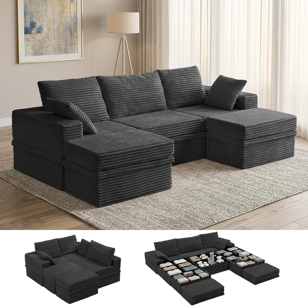 107'' Modular Sectional Sofa, Deep Seat Couch with Storage | Oversized High-Back for Living Room & RV | With Ottoman | High Density Foam & Corduroy | Tool-Free Assembly | Cozy Dark Gray