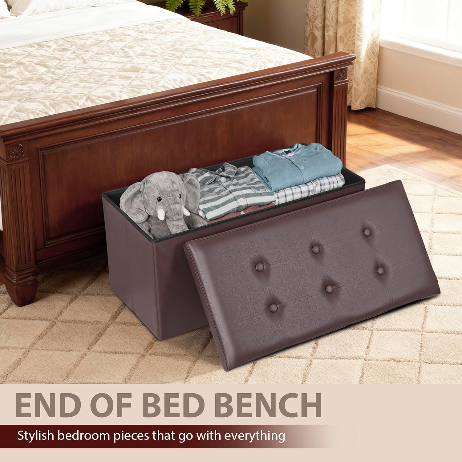 JupiterForce Ottoman Storage Bench, 30 Inches Folding Faux Leather Ottoman Bench with Storage Padded Seat Footrest Bench for Bedroom, Entryway, Living Room, Holds up to 350lbs, Brown