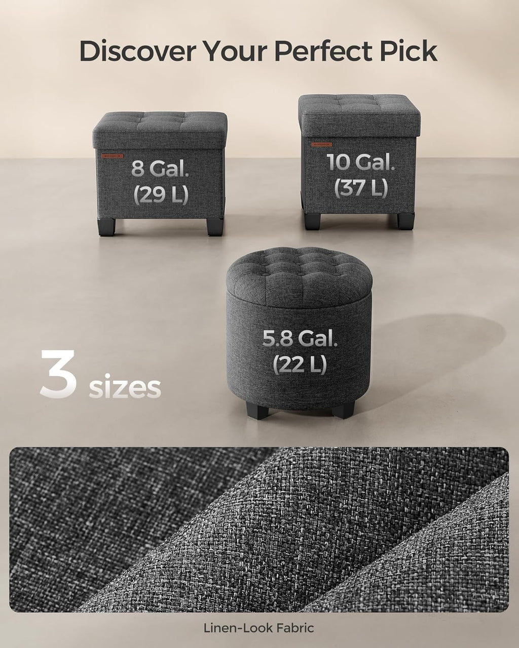 SONGMICS Round Ottoman with Storage, Vanity Stool, Linen-Look Fabric | Upholstered Foot Stool, 17.7 x 17.7 x 17.5 Inches, Removable Lid, Easy Assembly, Slate Gray, MACEO Collection ULOM011G01