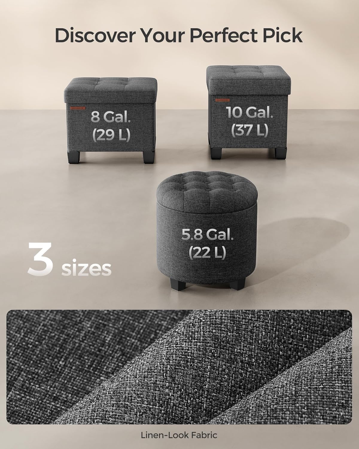 SONGMICS Round Ottoman with Storage, Vanity Stool, Linen-Look Fabric | Upholstered Foot Stool, 17.7 x 17.7 x 17.5 Inches, Removable Lid, Easy Assembly, Slate Gray, MACEO Collection ULOM011G01