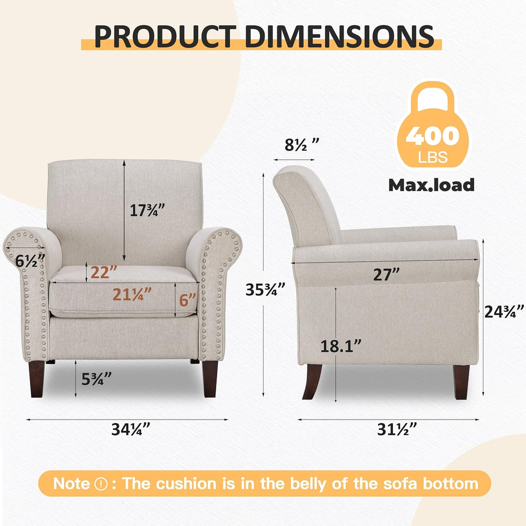 PrimeZone Comfy Accent Chairs Set of 2, Mid-Century Modern Arm Chair, Beige | Soft Cushion, Rolled Armrest, Elegant Nailhead Trim, Sturdy Wood Frame, Ideal for Living Room, Bedroom & Waiting Areas