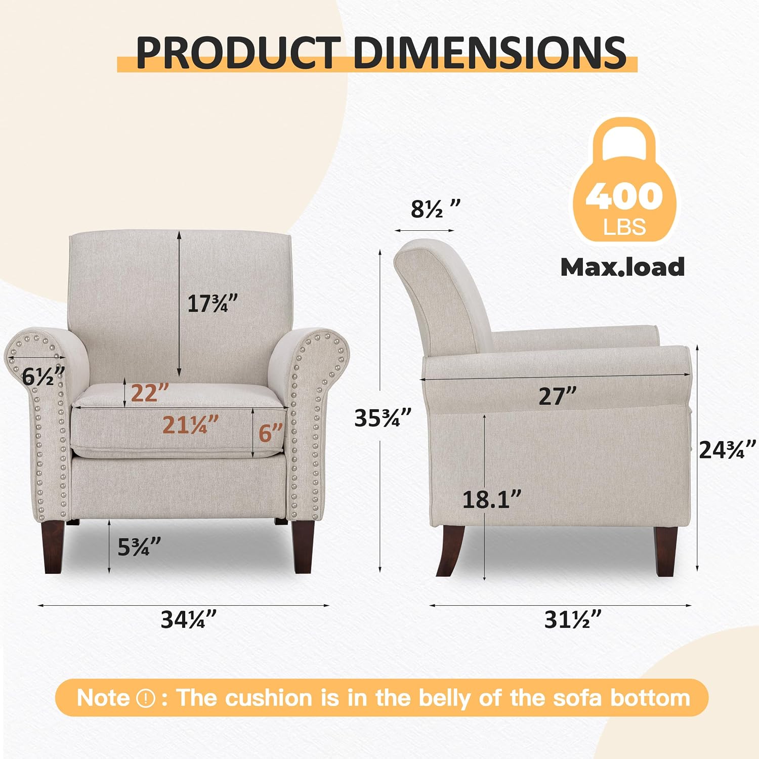 PrimeZone Comfy Accent Chairs Set of 2, Mid-Century Modern Arm Chair, Beige | Soft Cushion, Rolled Armrest, Elegant Nailhead Trim, Sturdy Wood Frame, Ideal for Living Room, Bedroom & Waiting Areas