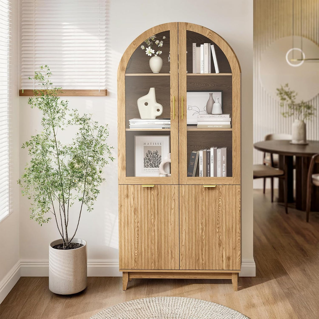 Fkhouse 71" Tall Arched Pantry Cabinet, Kitchen Pantry with Glass Doors & Fluted Doors, Wood Storage Cabinet with Adjustable Shelf, Versatile Cupboard for Kitchen, Living Room, Natural