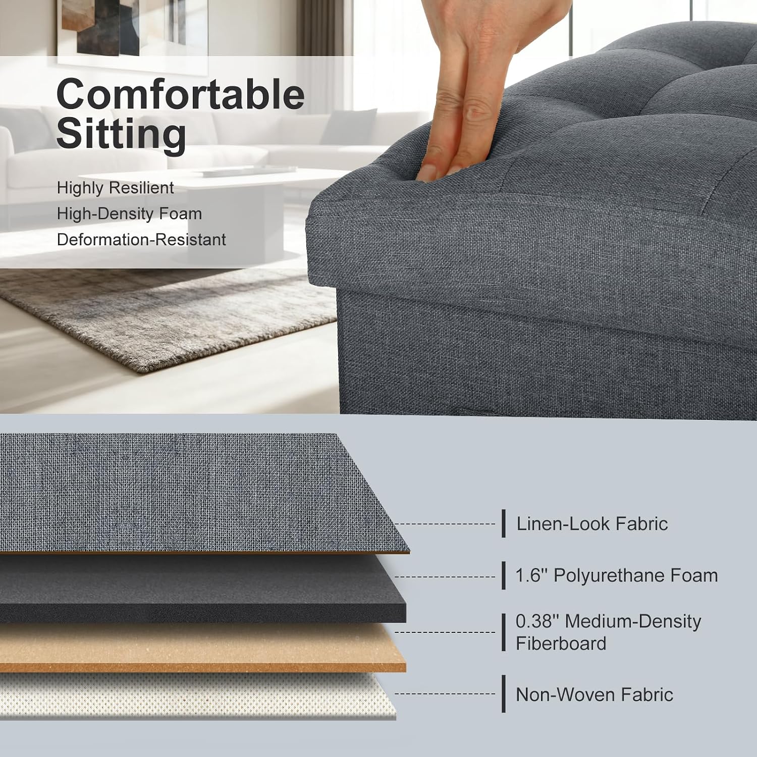 Storage Ottoman, Upgraded 17" High Foot Stools Ottoman for Dorm, Dark Gray | Folding Linen Foot Rest with Thicker Foam Padded Seat. Small Ottoman for Living Room with Side Pocket & Handles, 17x13x17in