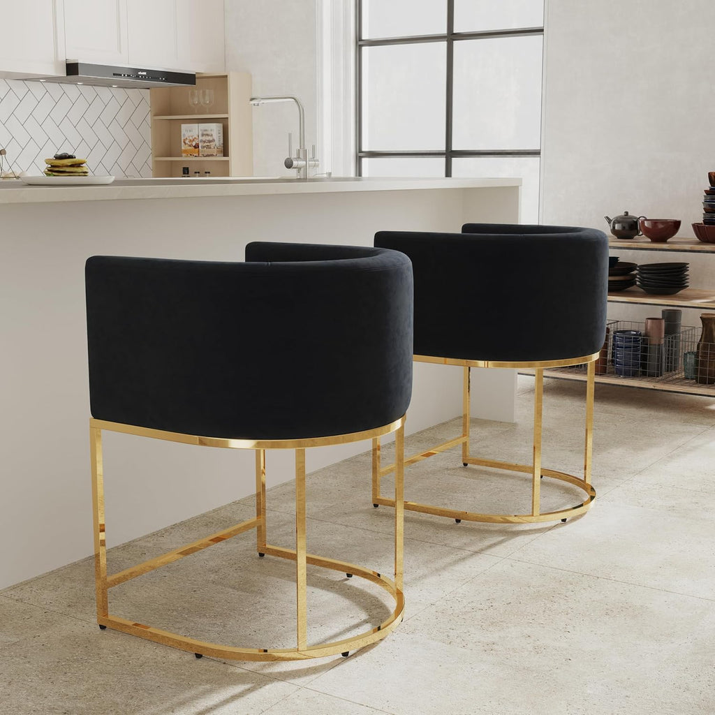 RIVOVA Black Velvet Bar Stools Set of 2, 24" Contemporary Upholstered Fabric Counter Height Barstools Kitchen Counter Island Stools with Golden Metal Base