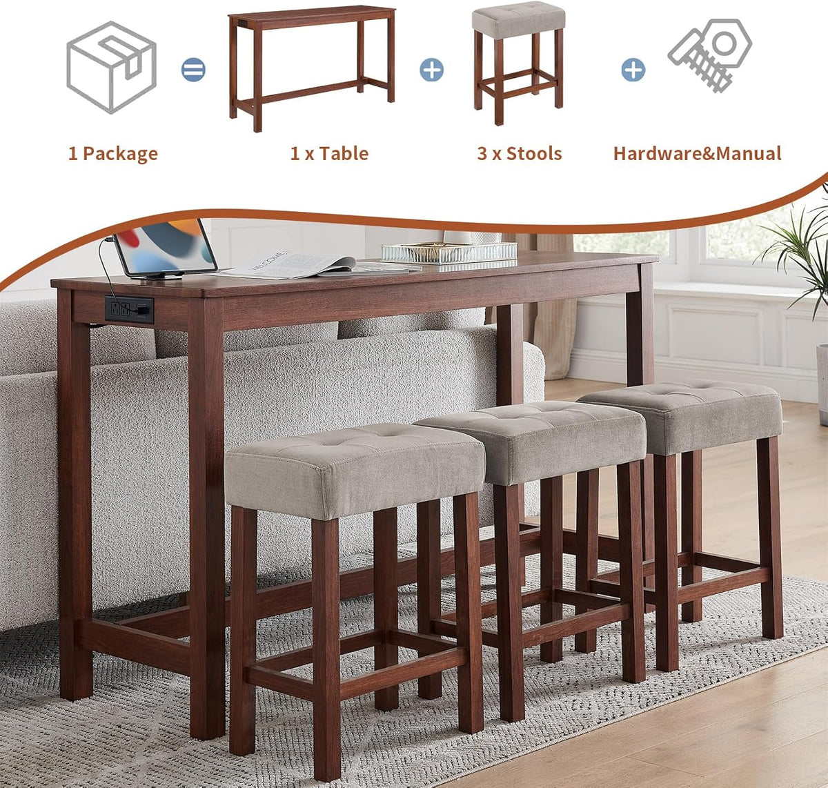 59" Dining Bar Table Set with Power Outlet, Behind Couch Sofa Table with 3 Padded Stools, 4 Piece Bar Table and Chairs Set for Living Room, Dining Room, Cherry