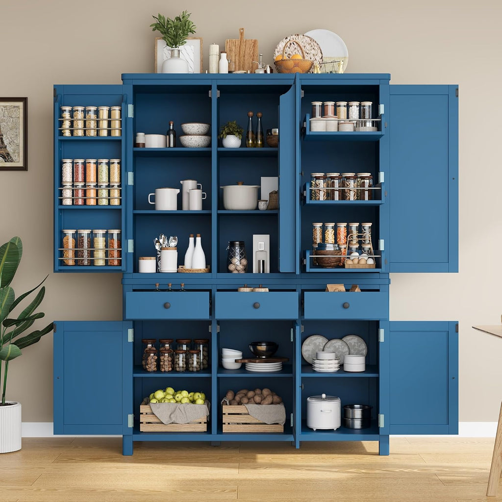 Merax 74.8'' Tall Kitchen Pantry Storage Cabinet with 6 Doors, 3 Drawers and Adjustable Shelves, Freestanding Large Cupboard & Pull-Out Trays for Kitchen, Dining Room, Living Room, Blue