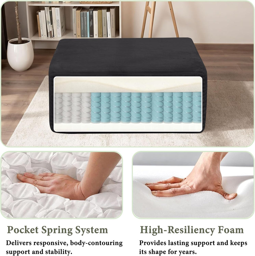 POEM PANDA 37" Modular Sofa Ottoman, Foot Expansion Stool, Black | Plush Corduroy, Deep Seat, High-Density Rebound Foam, Compressed Packaging, No Assembly Required, for Living Rooms & Bedroom